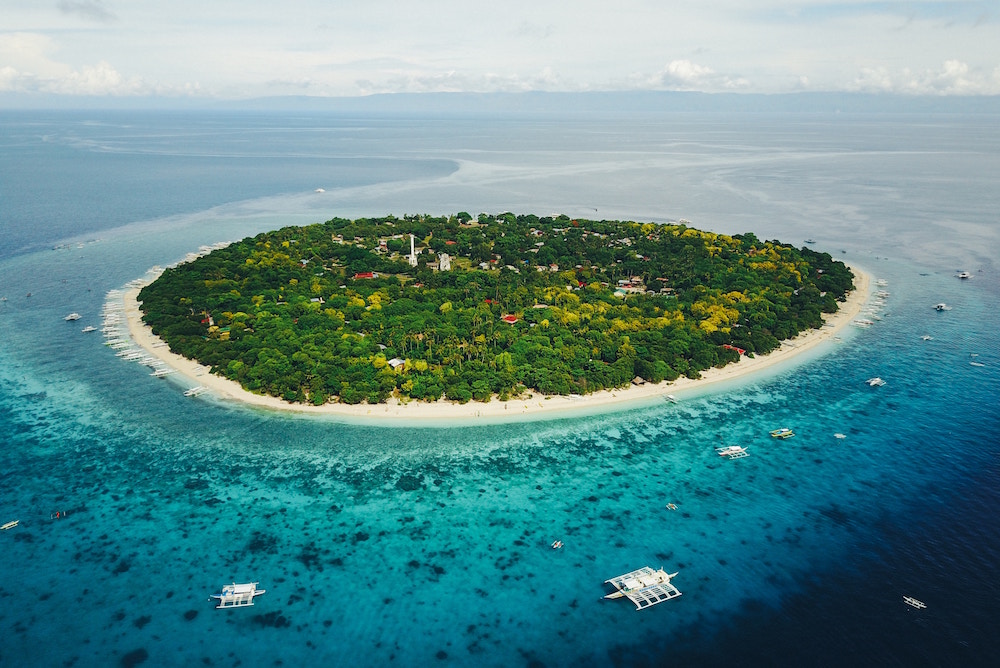 A round island covered in green vegetation sits in the middle of light blue water.