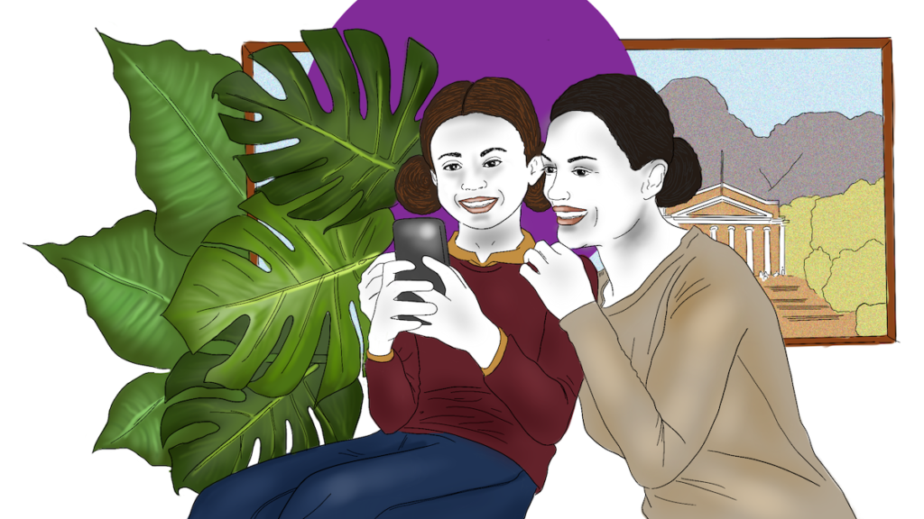 Illustration of a girl and her mother looking at a smartphone