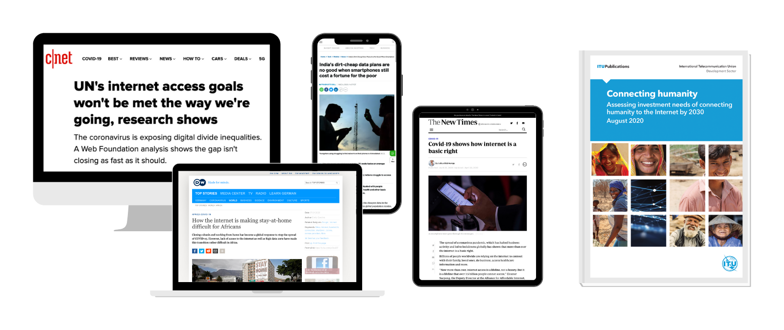 Screen shot of press coverage in desktop, laptop, smartphone, and tablet. Cover photo of the Connecting Humanity report.